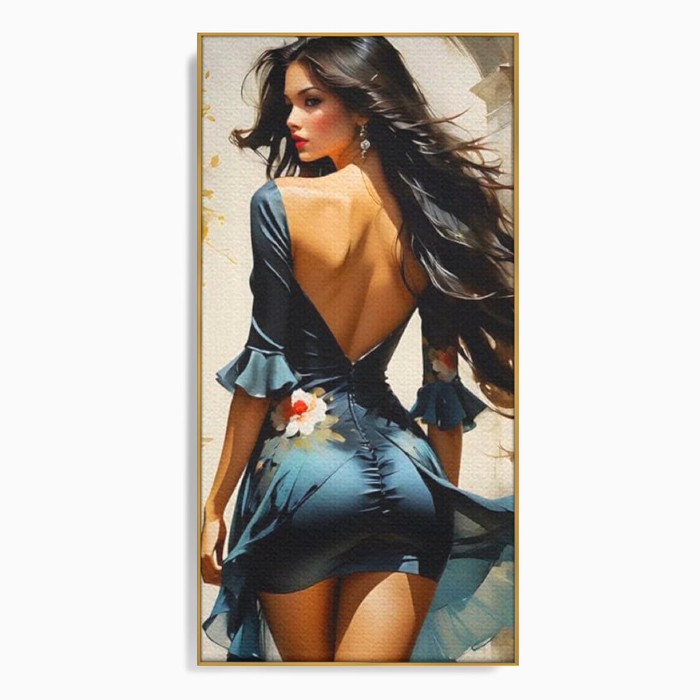 Tablou canvas cu tablou canvas cu femeie in rochie albastra, in rama de aluminiu auriu